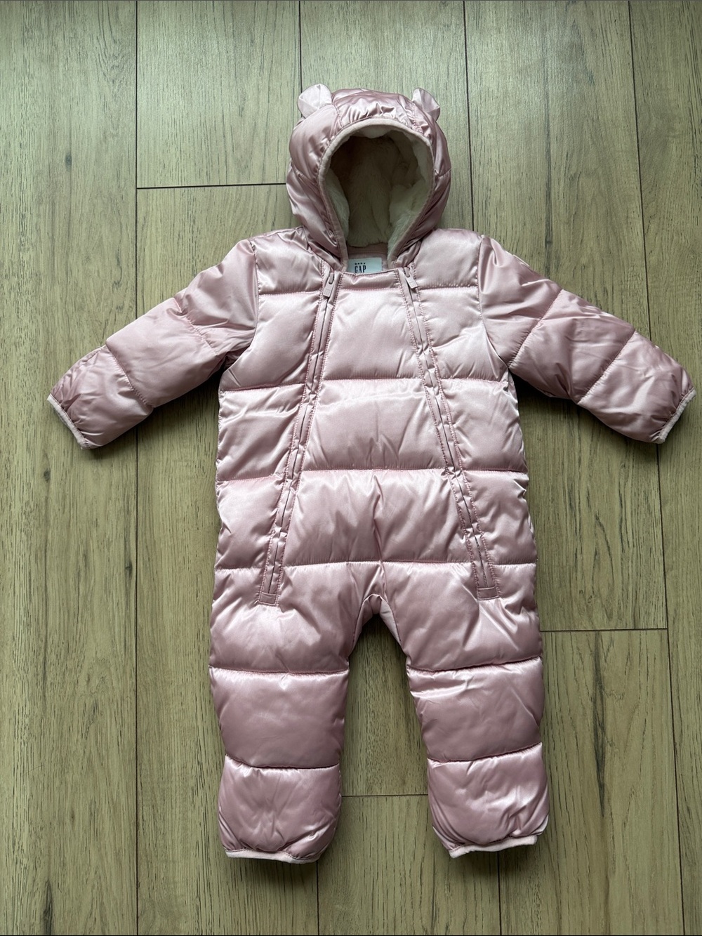 GAP Baby Pink Quilted Puffer Snowsuit Hood Bear Ears Girl’s 12-18 Months Winter